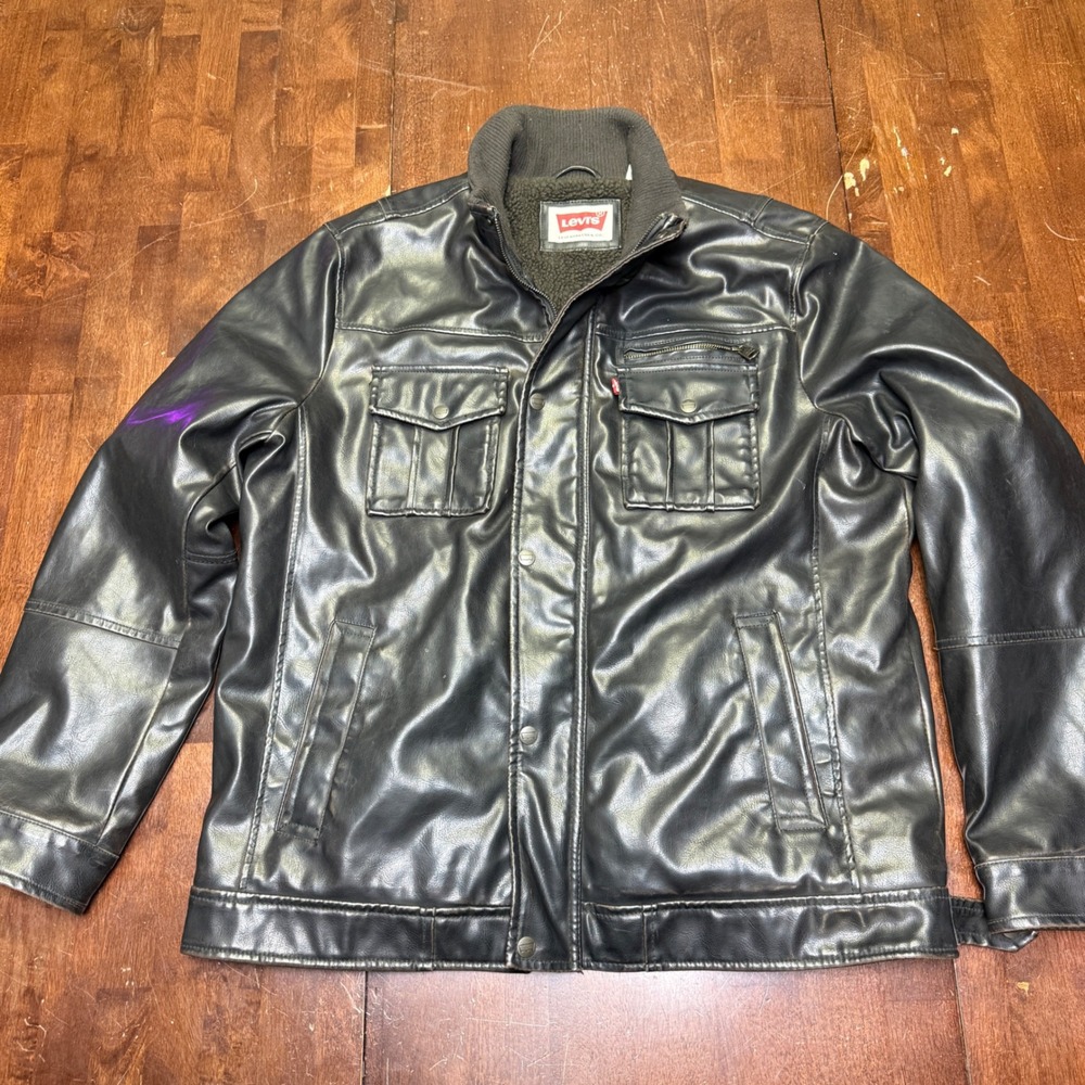 Levi's Men's Faux Leather Sherpa‎ Lined Trucker Jacket Dark Brown Size Large